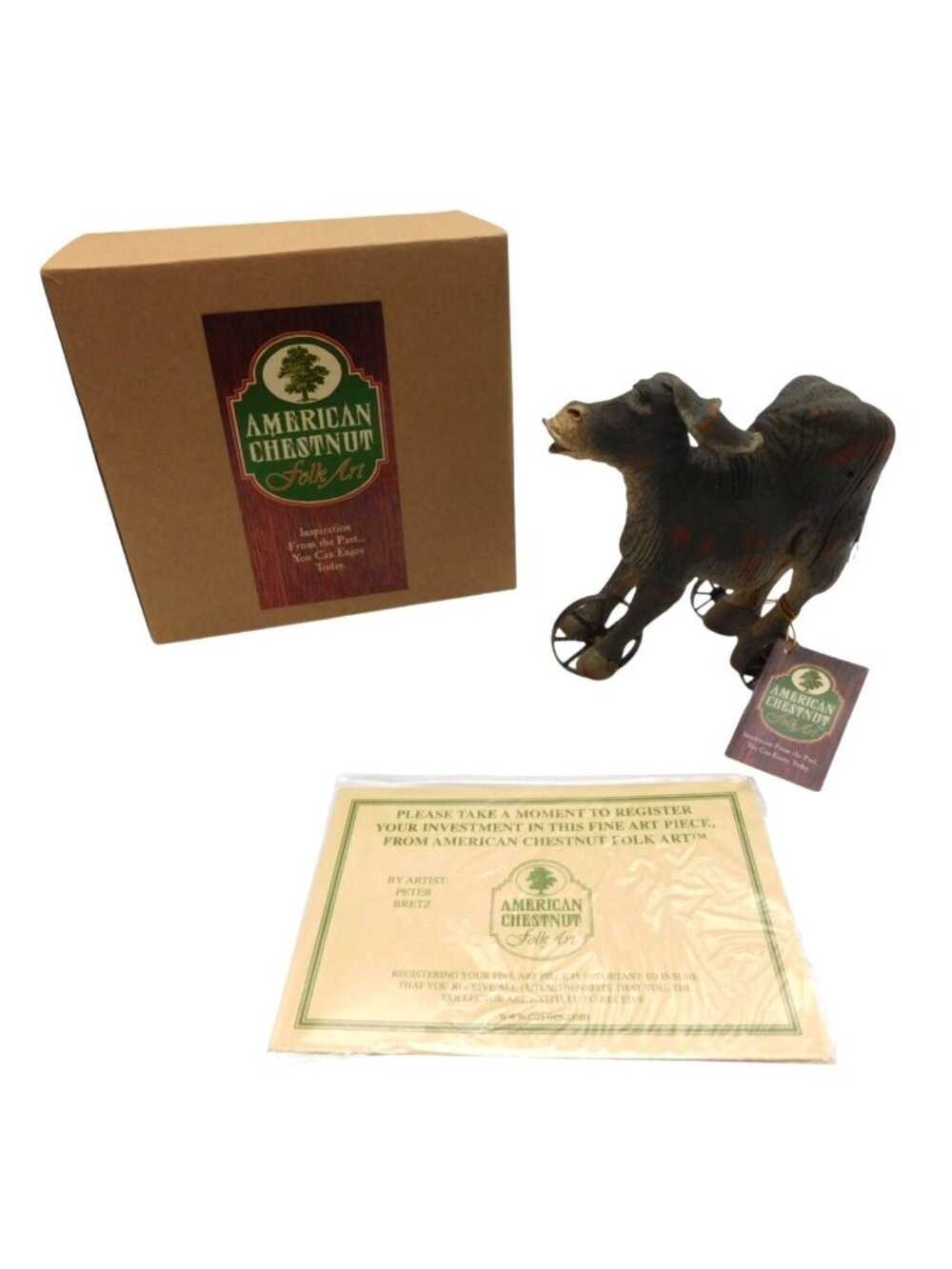 American Chestnut Folk Art Truman Donkey Pull Toy Figurine Peter Bretz With Box